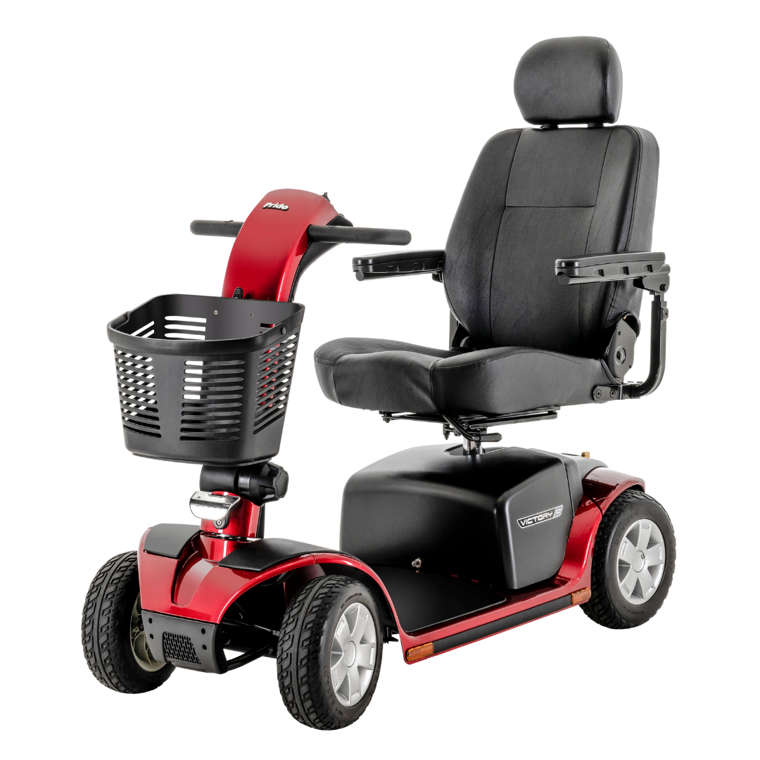 The Pride Mobility Victory® 10 4-Wheel Scooter with EZ Turn, in red and black, features a padded seat, headrest, armrests, front basket, and four wheels to support those with mobility challenges.